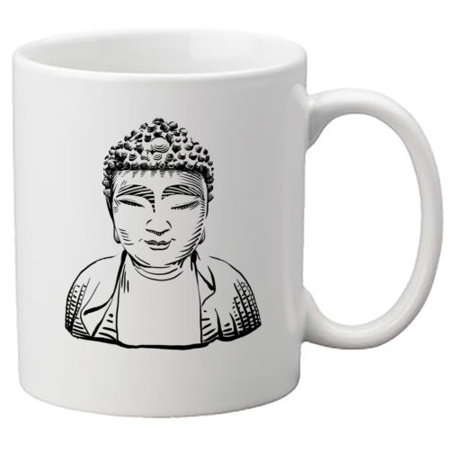 Image of a white mug with a buddha drawn in black.