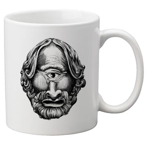 Image of white mug with a black cyclops head drawn on it.