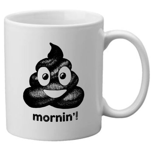 image of a white mug with a black drawing of a poop emoji on it.