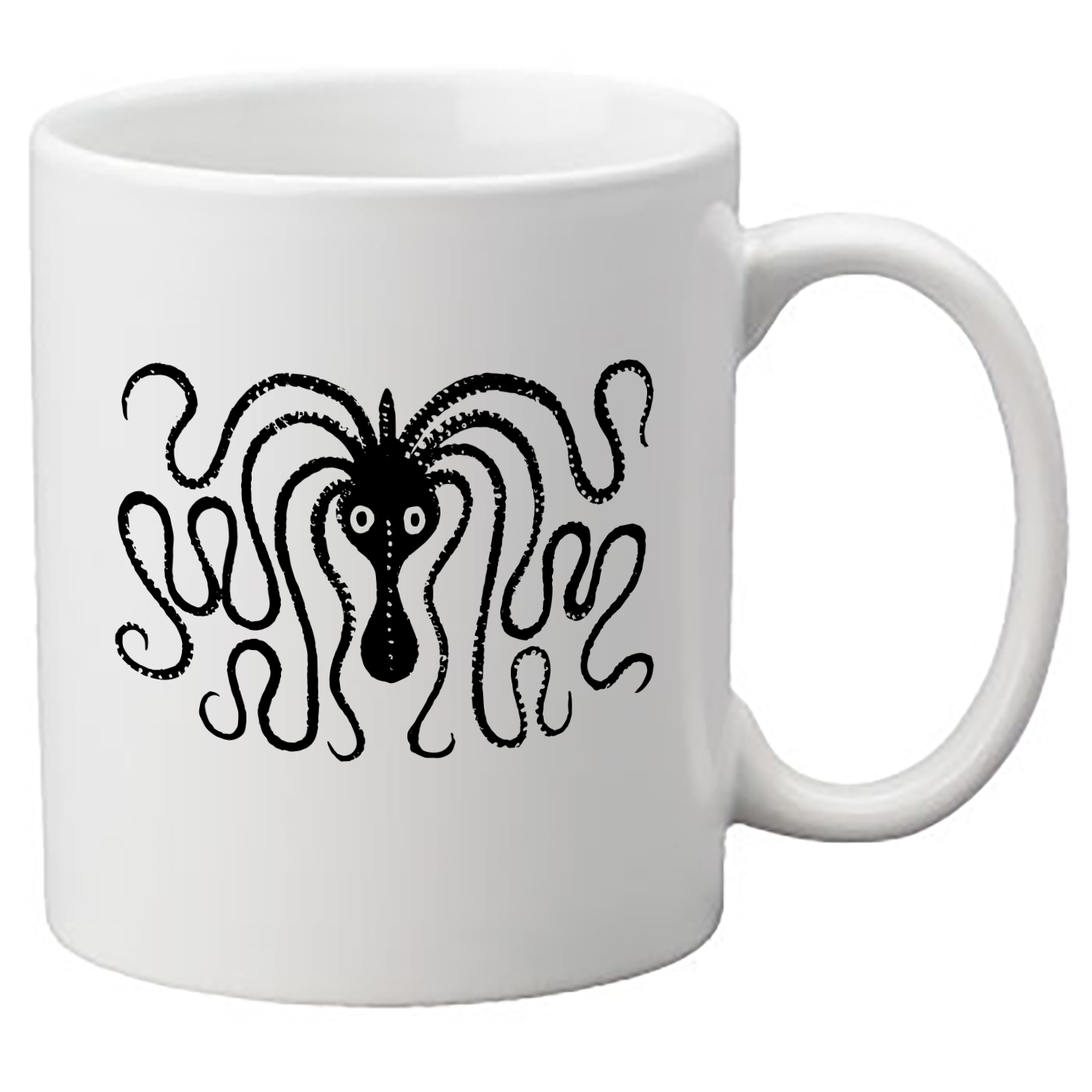 image of a white mug with a squid drawn in black.