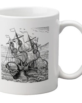 Image of white coffee mug with drawing of a Kracken attacking a ship.