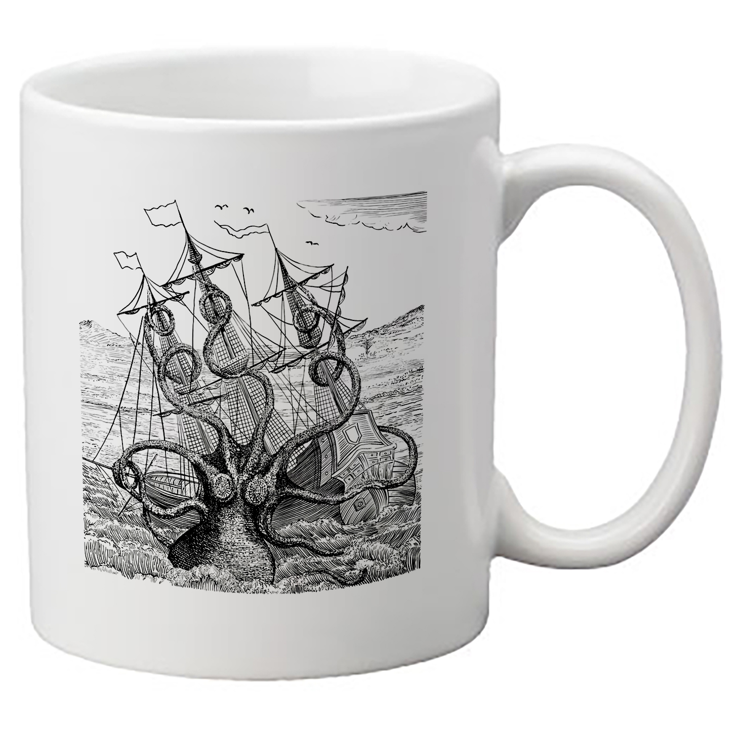 Image of white coffee mug with drawing of a Kracken attacking a ship.