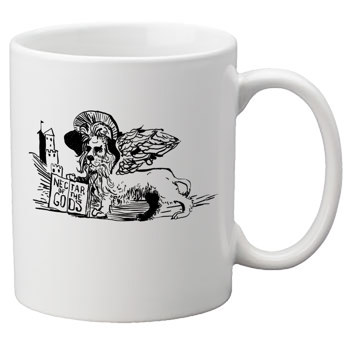 Image of a cup with the winged lion of venice drawn on it.