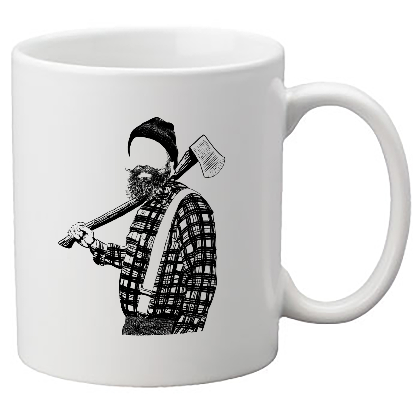 Image of mug with a drawing of a lumberjack with no face on.