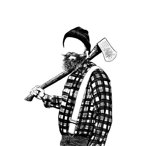 black and white drawing of Lumber jack with no face.