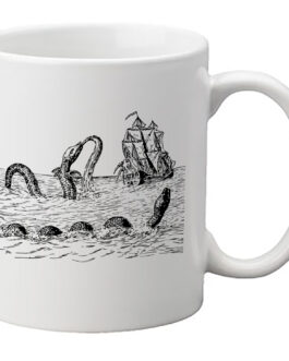 Image of a sea serpent drawn on a white mug.