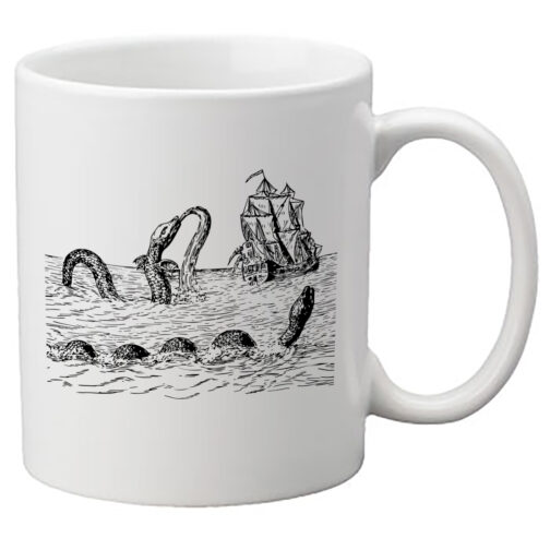 Image of a sea serpent drawn on a white mug.