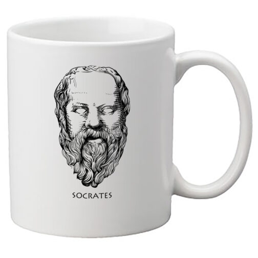 Image of white mug with Socrates line drawing on it.