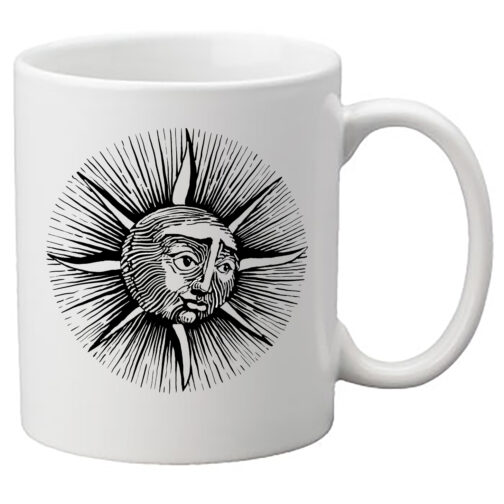 Photo of mug with ink drawing of sun on it.