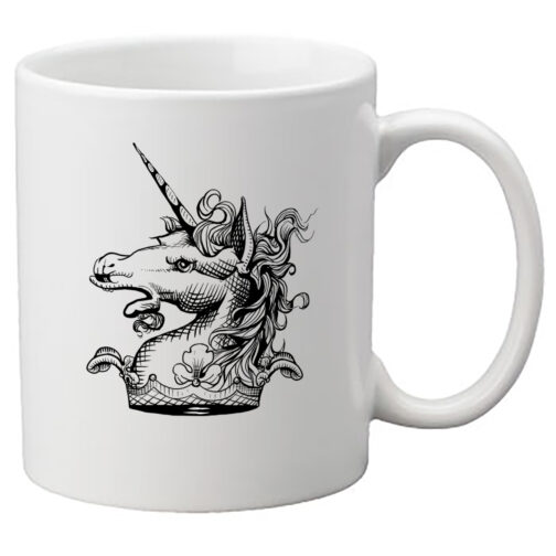 Photo of unicorn ink drawing on a white mug.