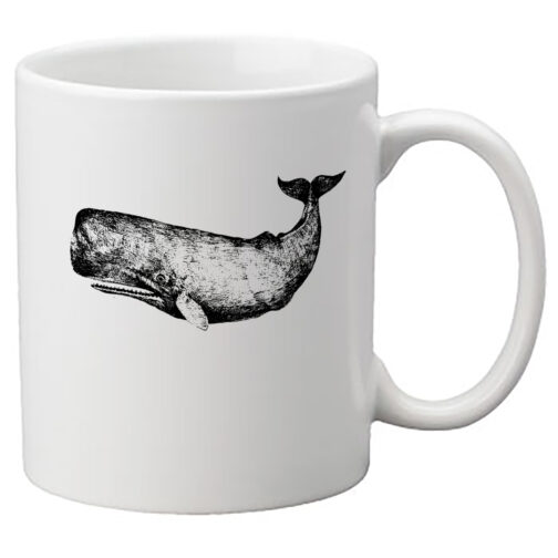 Photo of a scrimshaw-like drawing of a whale on a mug