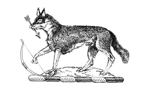 Detail of wolf with bow drawing.