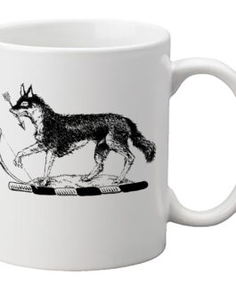 Photo of a white coffe mug with a heraldic image of a wolf holding a bow.