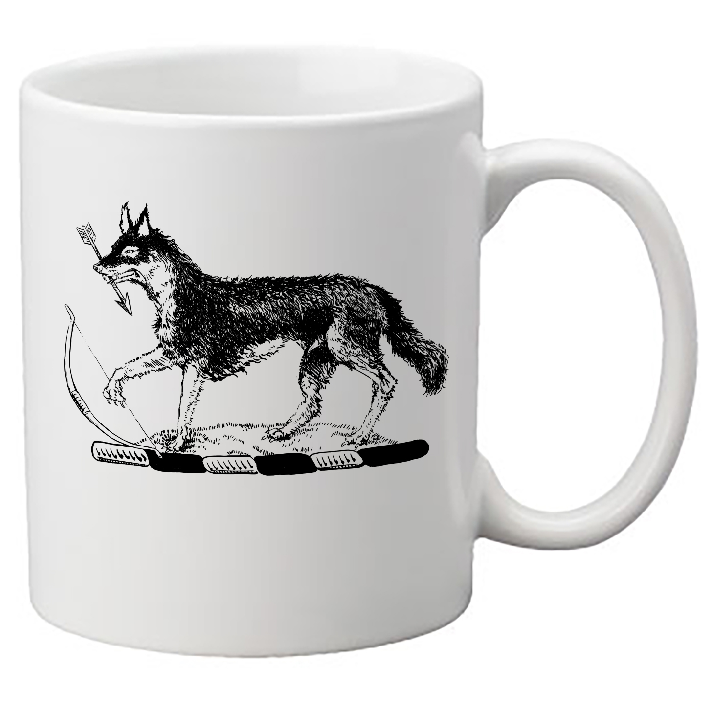 Photo of a white coffe mug with a heraldic image of a wolf holding a bow.